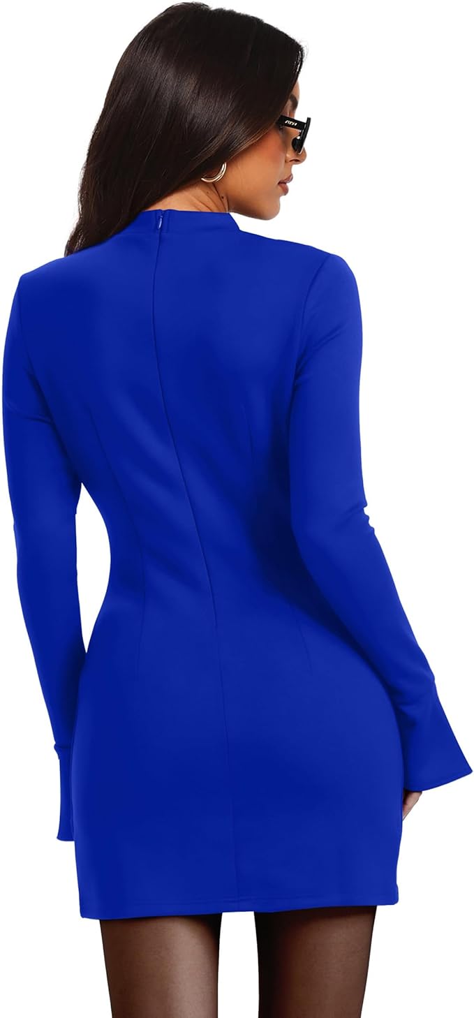 OFEEFAN Women's Fall Long Sleeve Mock Neck Dress Basic Party Club Bodycon Mini Dresses