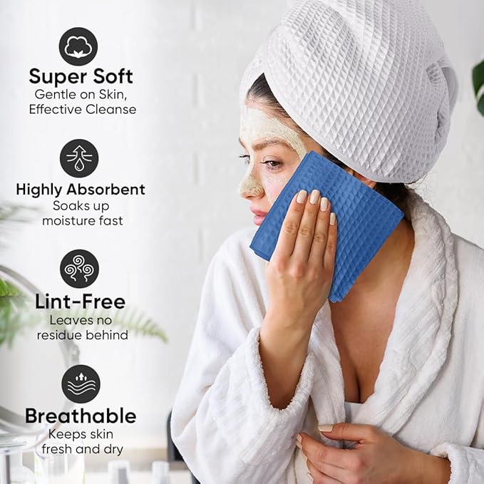 HOMEXCEL Blue Waffle Washcloths Towels 10 Pack, Premium Microfiber Face Towels, Ultra Soft, Lightweight Highly Absorbent Quick Dry Washcloths for Bathroom, Gym, Shower, Spa 12 x 12 Inch