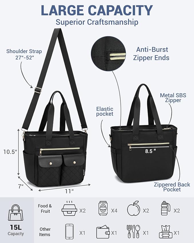 RalChyez Lunch Box for Women, Large Lunch Tote Leakproof Adult Lunch Bag Insulated Lunch Cooler Purse with Storage Pocket for Work Picnic Beach Trip Black