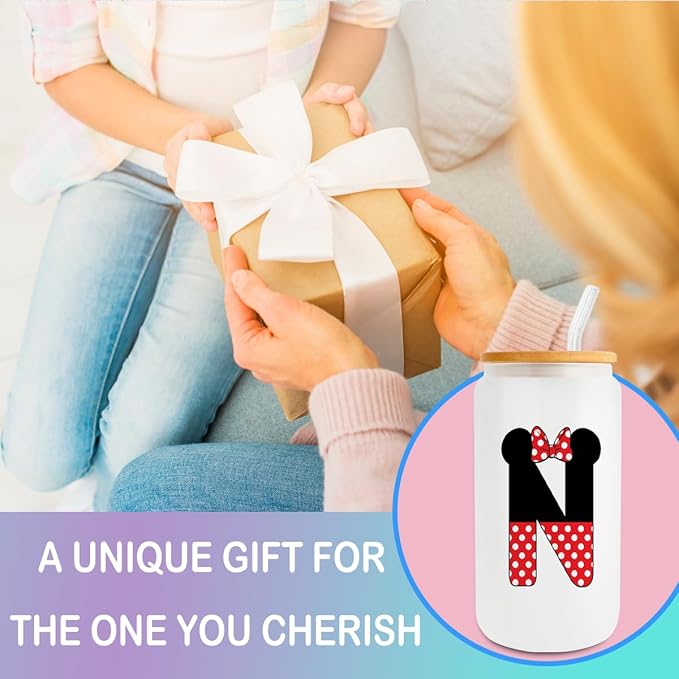 Cute Cartoon Mouse Lover Gifts Initial A-Z Personalized Iced Coffee Cup Magic Mouse Stuff Wizard Gift 16oz Glass Cup with Lid and Straws Birthday Christmas Gifts for Women Teen Girls (Letter N)