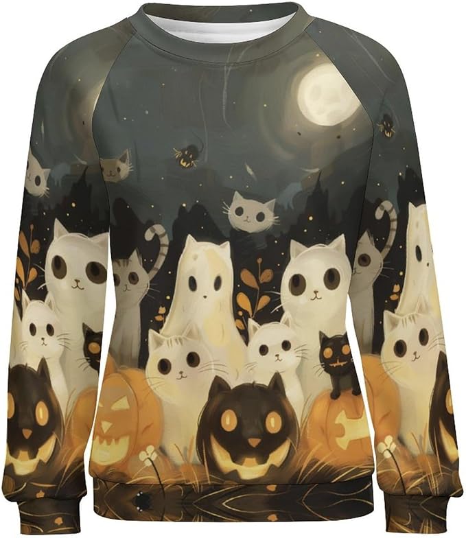 Spatofa Womens novelty funny cat printed crewneck sweatshirt casual loose long sleeve graphic pullover sweatshirts tops