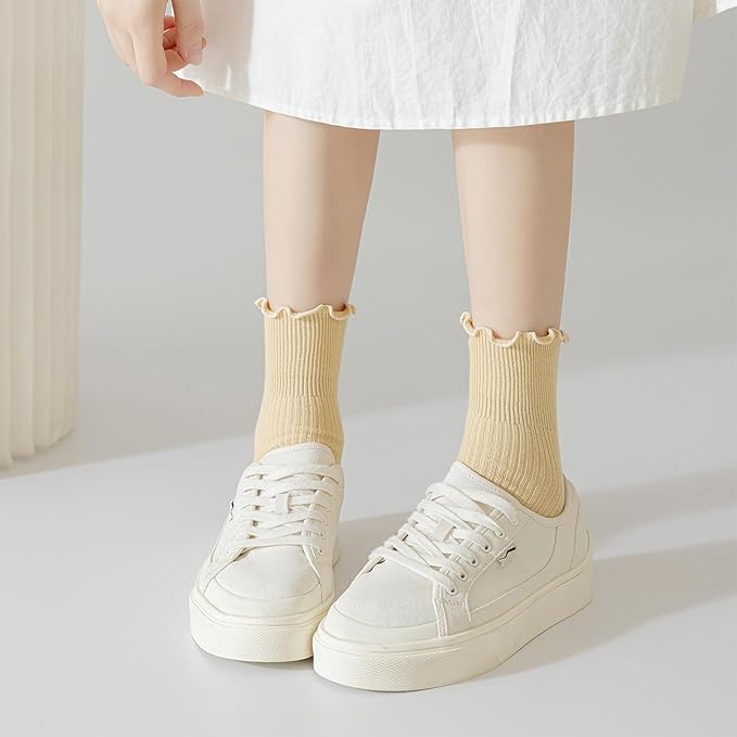 Mcool Mary Womens Crew Socks Ruffle Casual Cotton Frilly Breathable Cute Knit Lettuce Trim Dress Ankle Socks 6 Pack