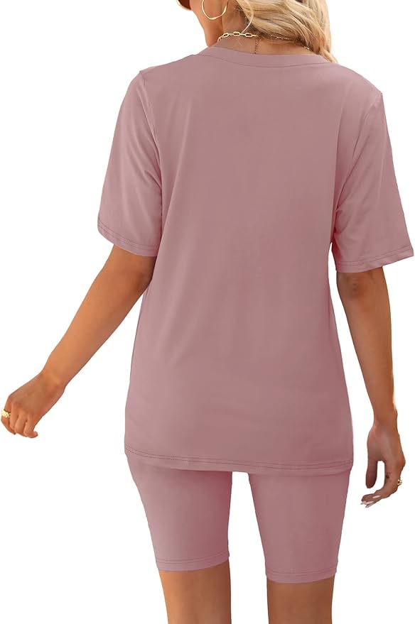 AGSEEM Two Piece Outfits For Women Summer V Neck T-Shirt Tops Biker Shorts Workout Sports Tracksuit