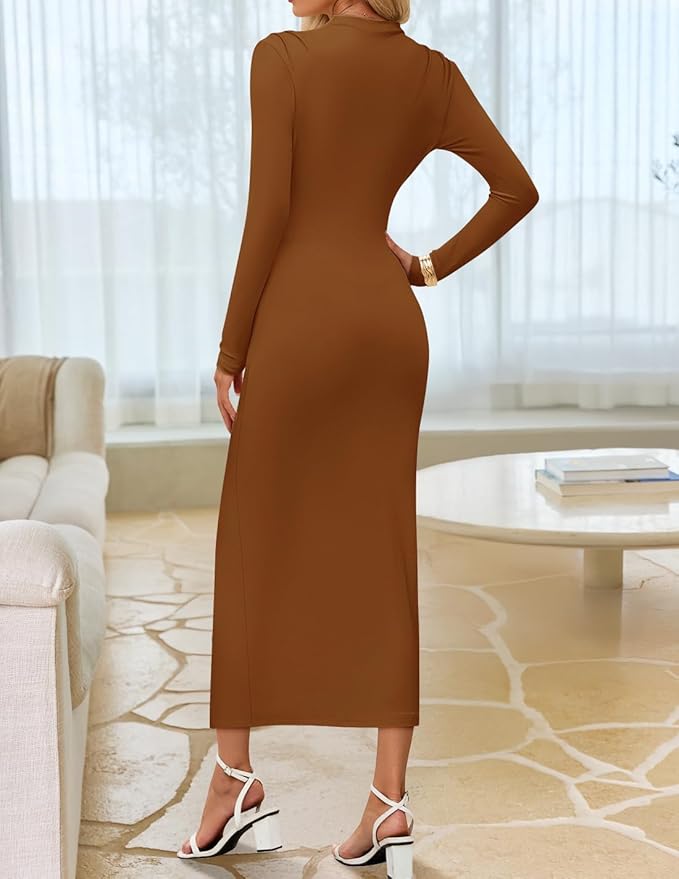 ZESICA Women's 2026 Spring Long Sleeve Bodycon Dress Mock Neck Wedding Guest Cocktail Party Long Midi Dresses