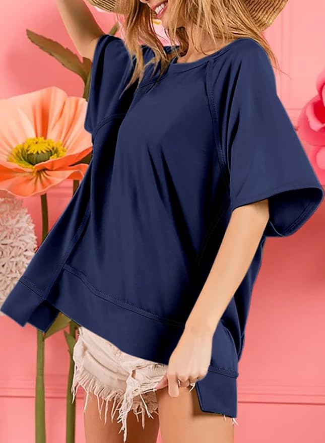 Dokotoo Oversized T Shirts for Women Crewneck Short Sleeve Casual Summer Tops Lightweight Loose High Low Blouse