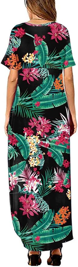 Arolina Women's Summer Maxi Dress Short Sleeve V Neck Casual Loose Long Beach Split Dresses with Pockets