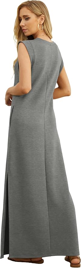 GRECERELLE 2026 Women Year-Round Casual Round Neck Loose Split Wrinkle-Free Long Maxi Vacation Dress with Pockets (XXS-4XL)