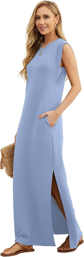 GRECERELLE 2026 Women Year-Round Casual Round Neck Loose Split Wrinkle-Free Long Maxi Vacation Dress with Pockets (XXS-4XL)