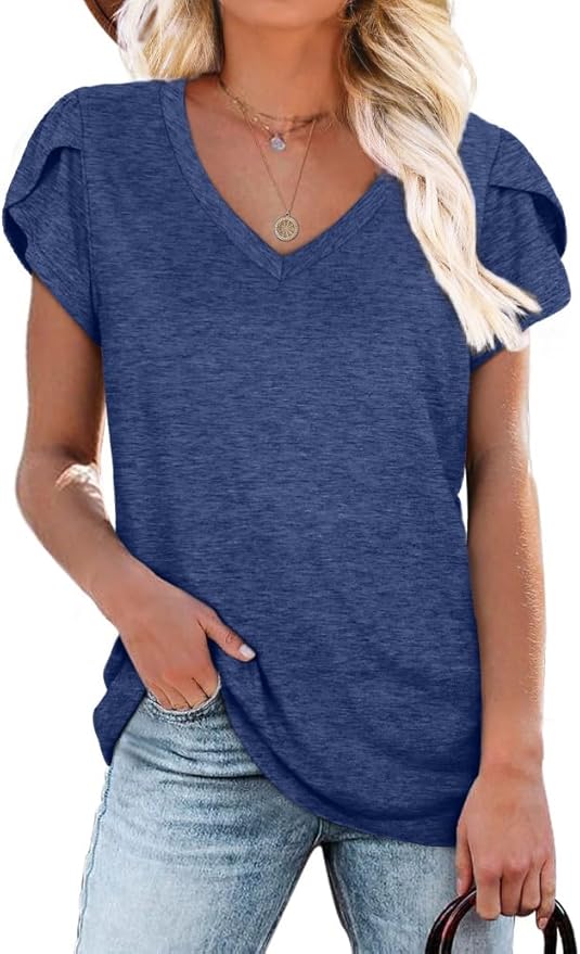 WIHOLL Womens Tops V Neck Summer Petal Sleeve Casual Tshirts