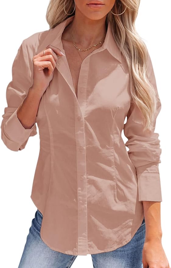siliteelon Women's Button Down Shirts Long Sleeve Dress Shirts Wrinkle Free Collared Work Office Solid Blouses Corset Tops