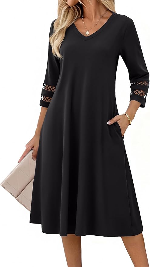 Zeagoo Women's Dresses 3/4 Sleeve Summer Casual V-Neck A Line Flowy Eyelet Midi Dress for Women Beach Vacation Sundress