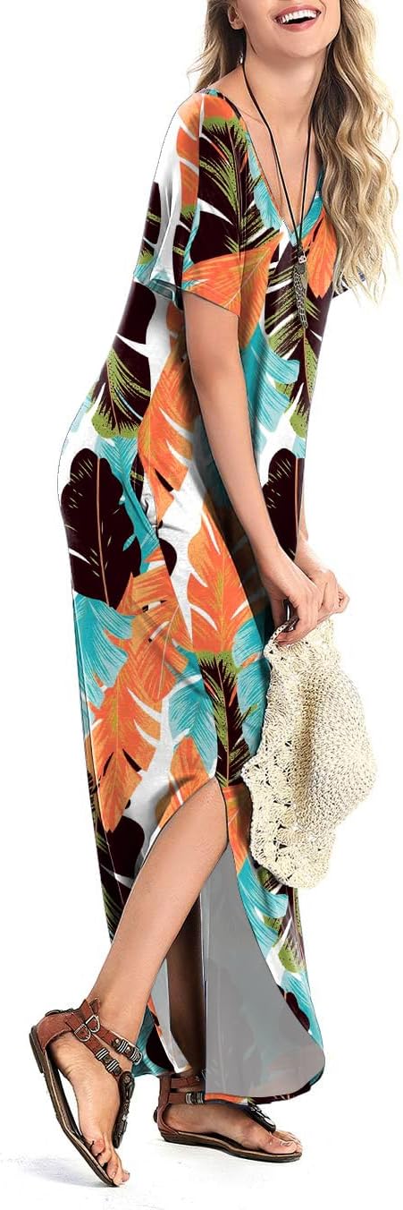 Arolina Women's Summer Maxi Dress Short Sleeve V Neck Casual Loose Long Beach Split Dresses with Pockets
