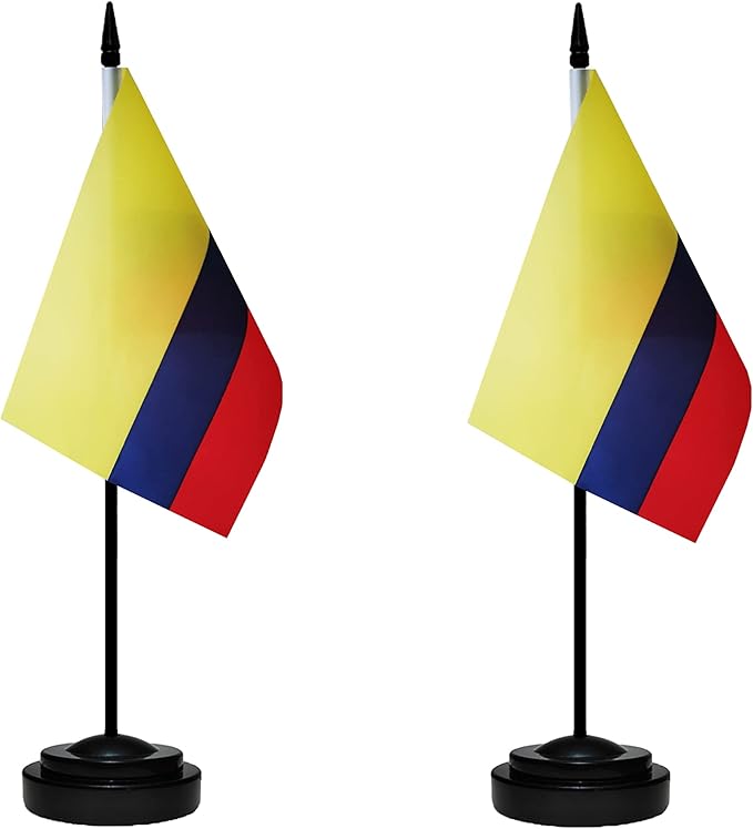 Colombia Colombian Deluxe Desk Flag Set Small Mini Miniature Colombia Colombian Table Desktop Flags With Solid Pole, Black Base and Spear Top(2 Pack)