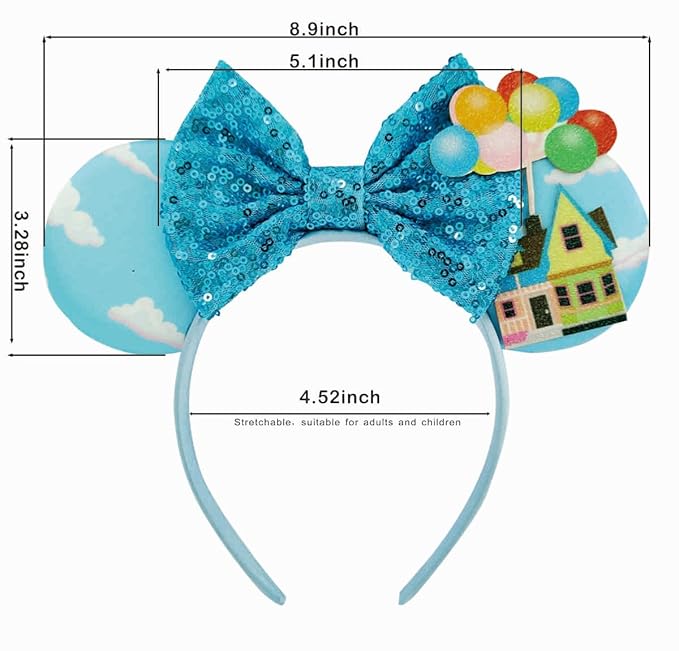 WW-WONDERFULWORLD Mouse Ears Headbands with Shiny Blue Bows, for Costume Cosplay Glitter Party, Sky + Balloon + House; 2QQ