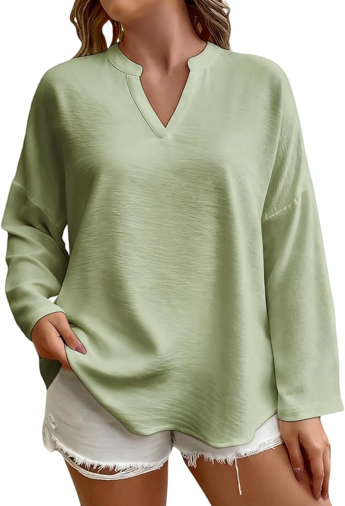 Elegant Shirts for Women Solid Color Long Sleeve V Neck Blouses Loose Comfy Business Work Casual Pullover Tops