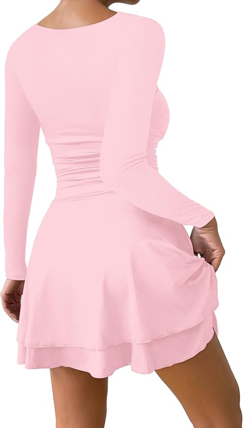 IWD Women's Square Neck Long Sleeve Mini Dress Ruched Corset Waist Tiered Ruffle Hem A Line Short Party Dresses
