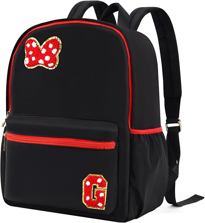 Preppy Initial Bow Mouse Backpacks for Girls 14.6 Inch, Black Kids Backpacks Ages 3-10 for Park Travel Preschool Elementary School, Lightweight Bookbag Birthday Back to School Gifts for Little Girls G