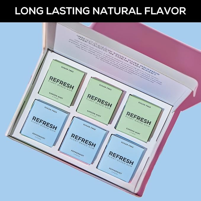 Refresh Gum, Sugar Free, Natural, Xylitol, Long Lasting Chewing Gum, Natural Flavors, Organic Ingredients, Plastic Free, Non GMO, Gluten Free, Vegan (12 Count (Pack of 6), Mint Variety)