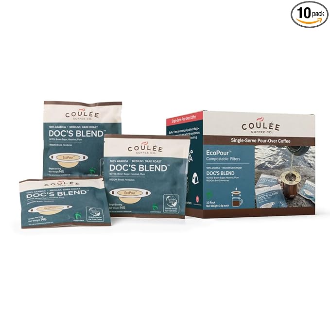 Coulée EcoPour Doc's Blend Coffee, All Paper Single Serve Pour Over Arabic Coffee, Dark Roast, Use for Camping or Traveling, Pre Filled Compostable Filters, Ready to Brew with Hot Water, Plastic Free, 10 Pack