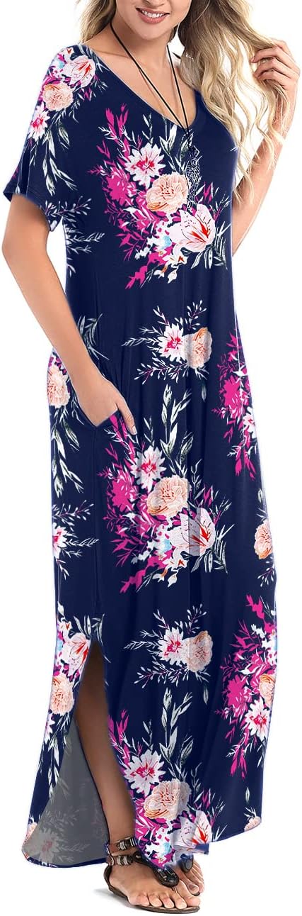 Arolina Women's Summer Maxi Dress Short Sleeve V Neck Casual Loose Long Beach Split Dresses with Pockets