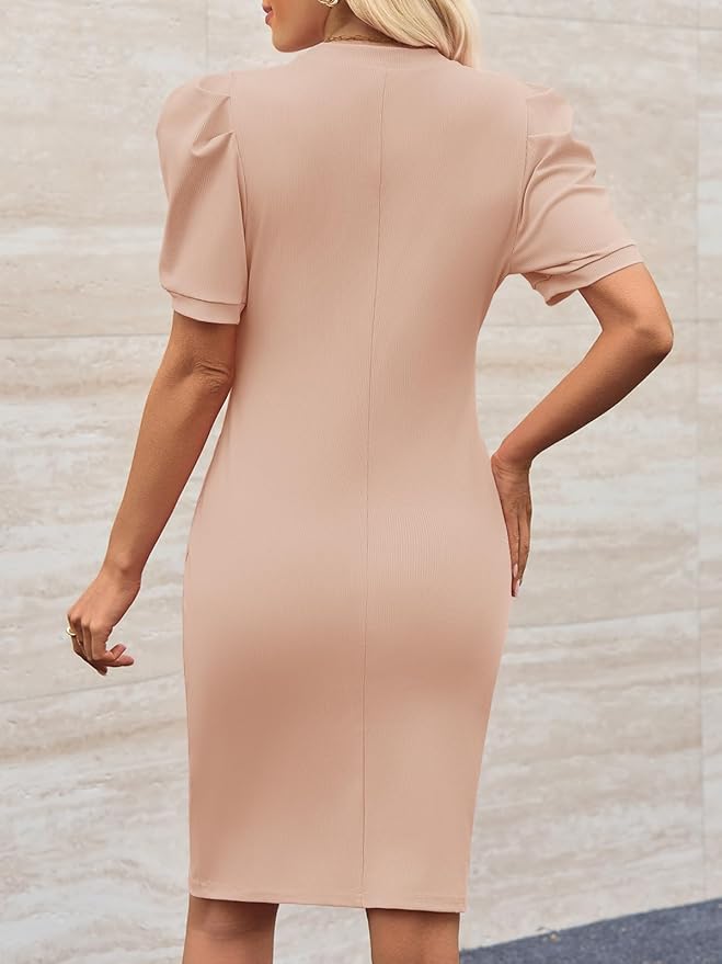 Cicy Bell Women's Puff Sleeve Bodycon Work Dresses Crew Neck Business Casual Office Pencil Dress