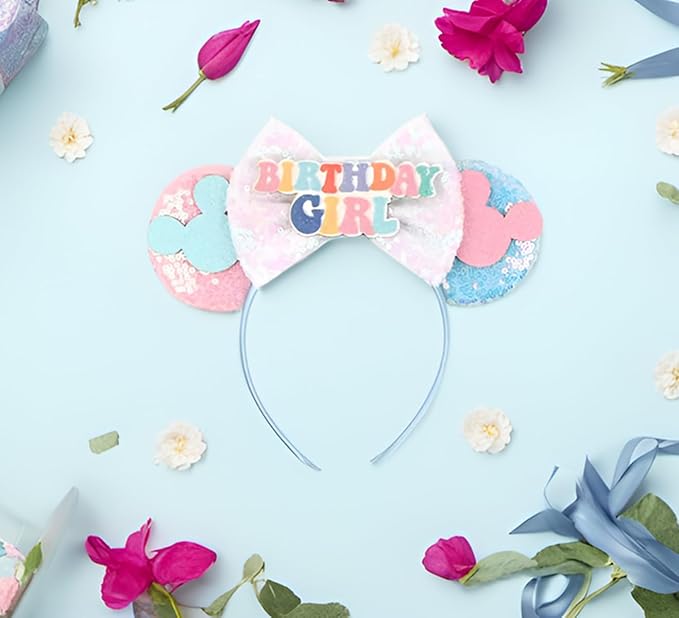RAZKO Mouse Ears Headband, Blue Birthday Hairband Mice ears Headband for Women Girls Hair Accessories(Birthday Girl-Blue M)