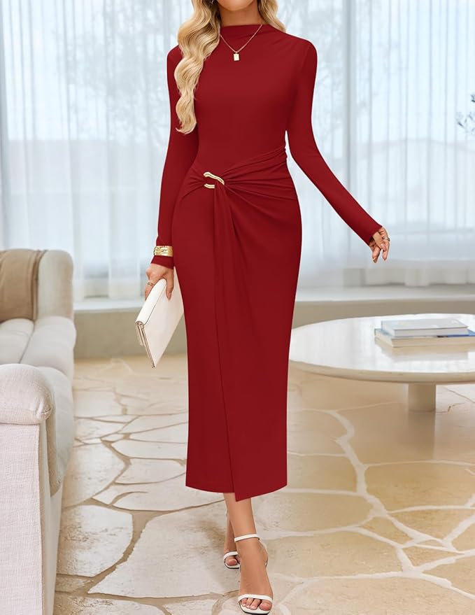 ZESICA Women's 2026 Spring Long Sleeve Bodycon Dress Mock Neck Wedding Guest Cocktail Party Long Midi Dresses