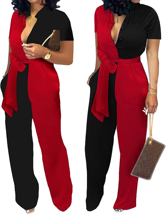 SeNight Women's Jumpsuits Elegant Business Casual Button Down V Neck Long Sleeve Strap Straight Long Pants With Pockets