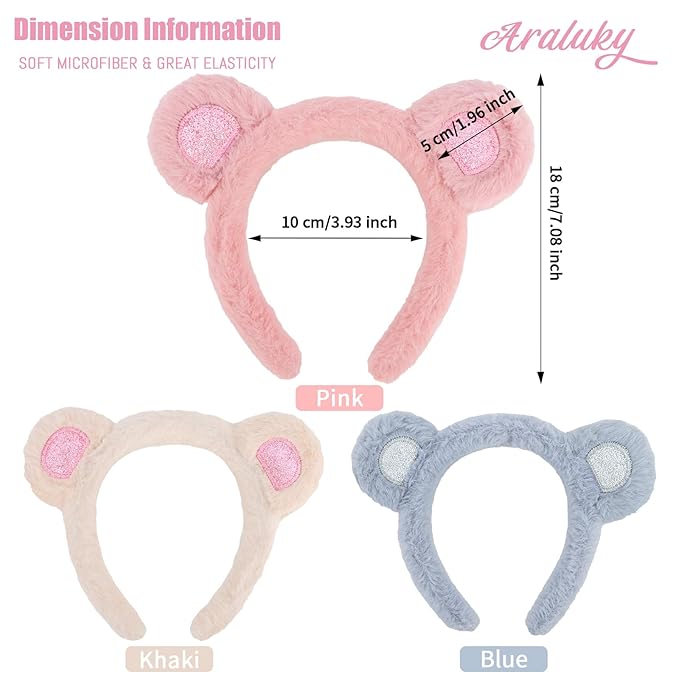 Araluky Mouse Ears Headband 3 Pcs Skincare Headbands Cute Bear Ears Headwear