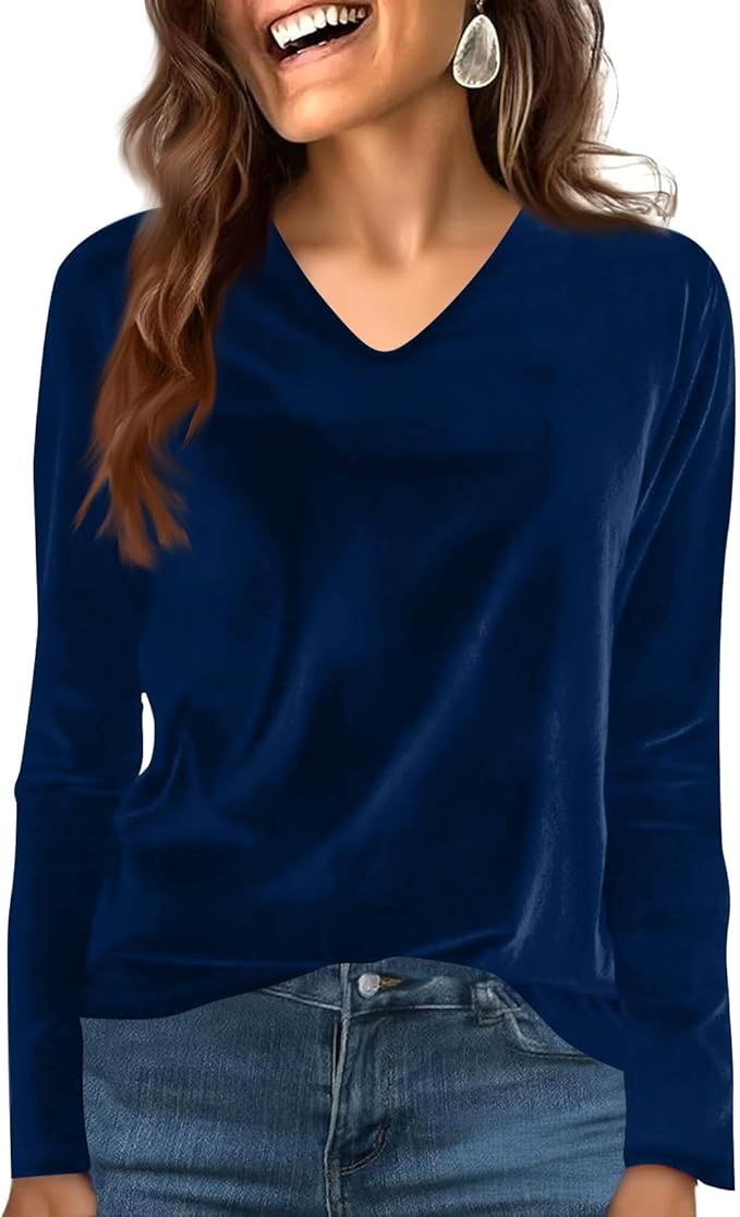 Velvet Tops for Women Dressy Casual V Neck Shirts Loose Fit Vintage Long Sleeve Velour Blouse Solid Holiday Party Outfits