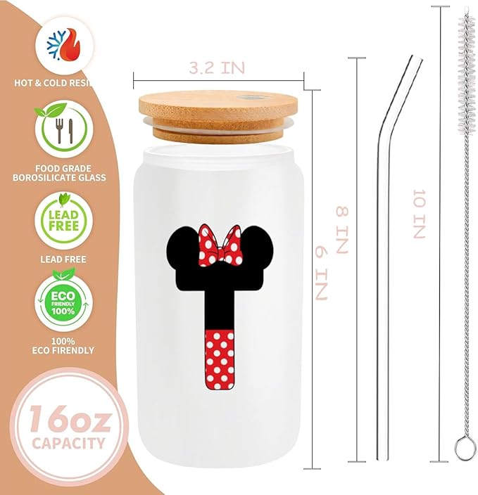Cute Cartoon Mouse Lover Gifts Initial A-Z Personalized Iced Coffee Cup Magic Mouse Stuff Wizard Gift 16oz Glass Cup with Lid and Straws Birthday Christmas Gifts for Women Teen Girls (Letter T)