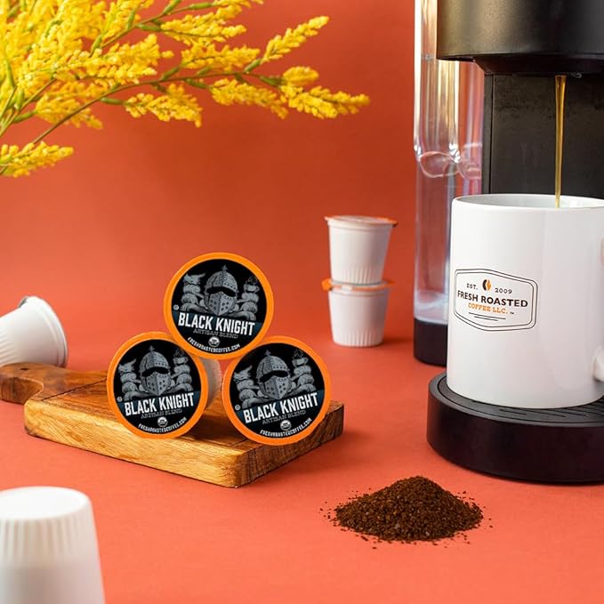 Fresh Roasted Coffee, Organic Black Knight | USDA Organic, Kosher | Dark Roast 96 Pods for K Cup Brewers