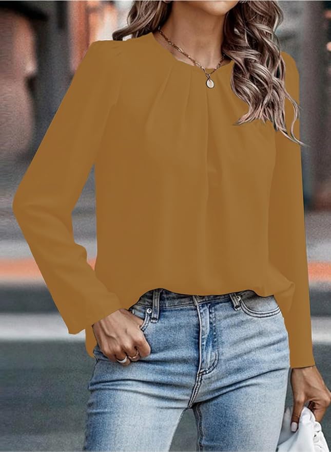 Samefar Womens Tops Dressy Casual Pleated Crew Neck Long Sleeve Shirts Office Work Chiffon Blouses