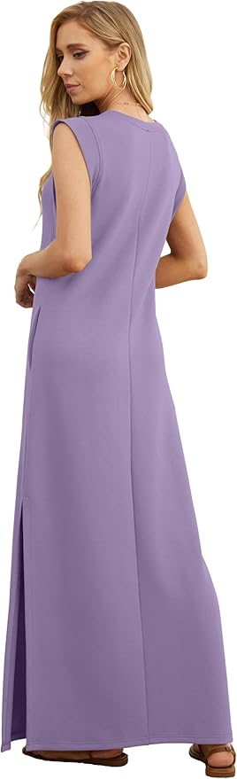 GRECERELLE 2026 Women Year-Round Casual Round Neck Loose Split Wrinkle-Free Long Maxi Vacation Dress with Pockets (XXS-4XL)