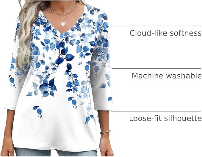 Zeagoo 3/4 Length Sleeve Womens Tops Casual V Neck Shirts Soft Basic Tees Business Work Blouses