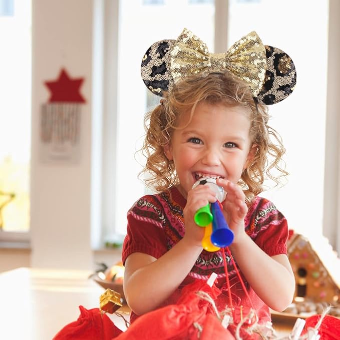 Foeran Mouse Ears Headbands Shiny Bows Mouse Ears Glitter Party Princess Decoration Cosplay Costume for Girls Women (Leopard/Gold)