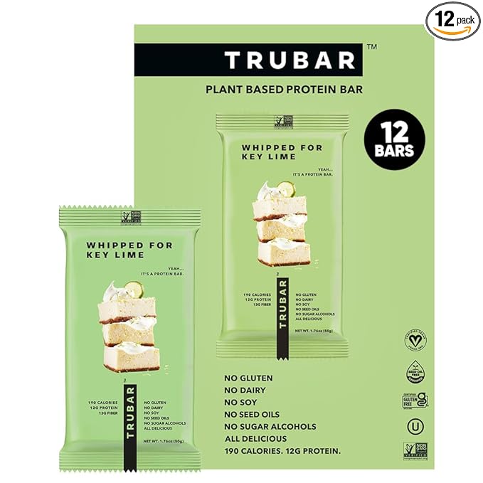 TRUBAR Vegan Protein Bar, Whipped for Key Lime, Gluten Free, Plant Based, High Fiber, Dairy Free, Low Fat, Non GMO, No Sugar Alcohols, 12G Lean Protein, 13G Fiber, Healthy Snack Bars, 12 CT