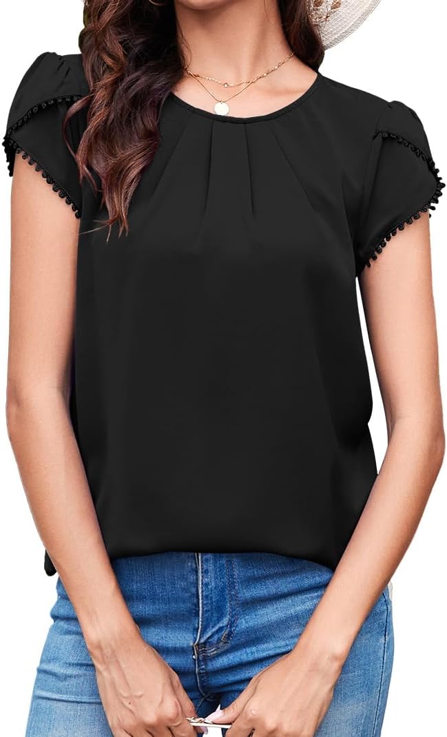 TASAMO Women's Casual Round Neck Basic Pleated Top Cap Sleeve Curved Keyhole Back Chiffon Blouse