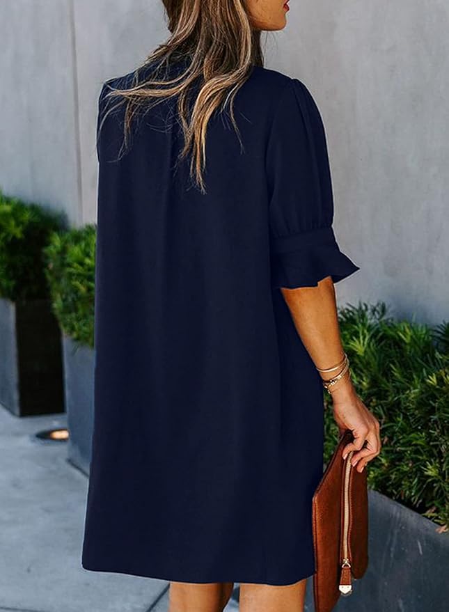 QACOHU Summer Dresses for Women V Neck Ruffle Short Sleeve Casual Shift Dress