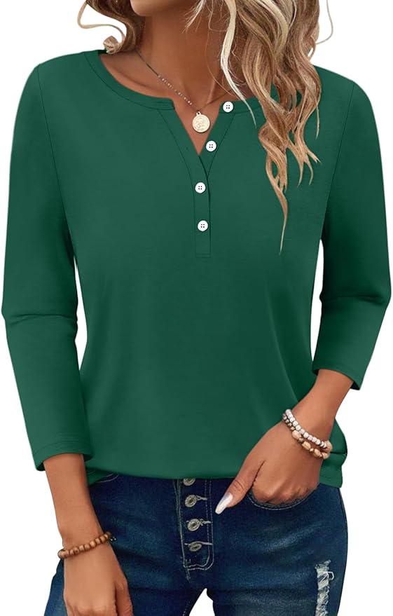 PGANDS Women's 3/4 Length Sleeve T Shirts Button Down Scoop Neck Casual Tops