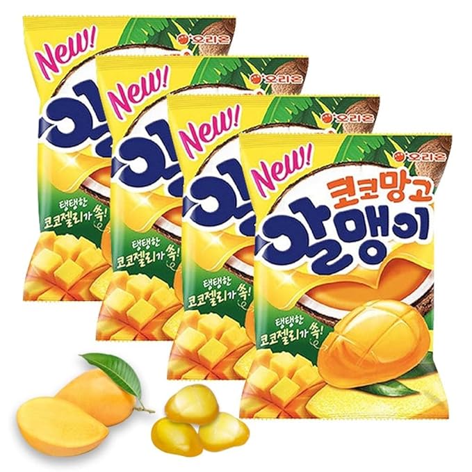 Korean Fruit Jelly Candy – Assorted Chewy Gummy Snacks – 5 Fruity Flavors (Grape, Plum, Lychee, Kiwi, Mango) – Individually Wrapped – Perfect for Kids & Adults – 알맹이젤리 (Mango–2.86oz(81g) × 4pack)