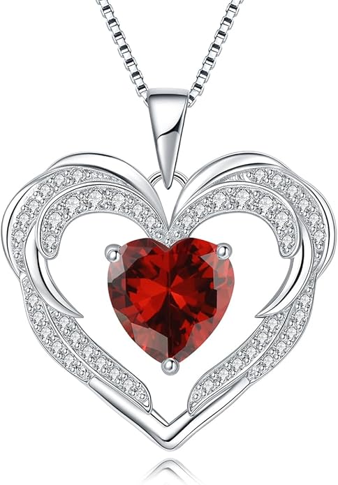 Jurikko Heart Necklaces Valentine's Gift for Women, Birthstone 925 Sterling Silver Angel Wings Love Pendant Necklaces for Women, Jewelry Gifts for Wife, Anniversary, Mother's day