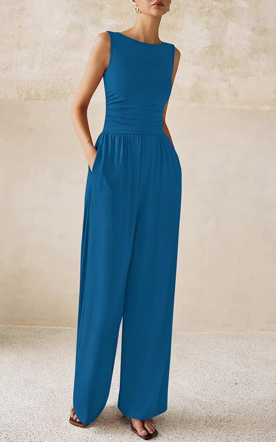 PRETTYGARDEN One Piece Jumpsuits for Women Dressy Casual Sleeveless Crewneck Wide Leg Rompers Jumpers Vacation Summer Outfits