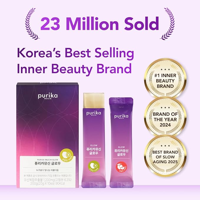 PURIKA MUCIN Glow, 1200mg Snail Mucin Supports Skin Elasticity, Collagen Peptides Jelly Stick, Kiwi Flavor, Biotin, Vitamin C, Hyaluronic Acid, Prebiotics, Korean Skin Care, 10 Sticks