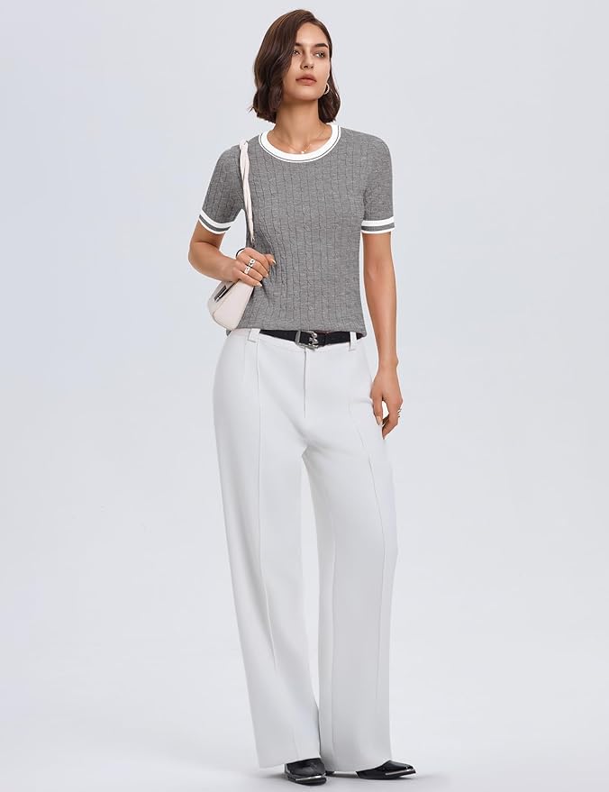 Micoson Womens Short Sleeve Cable Knit Sweater Tops Crewneck Lightweight Spring Summer Shirts Business Dressy Casual Outfits