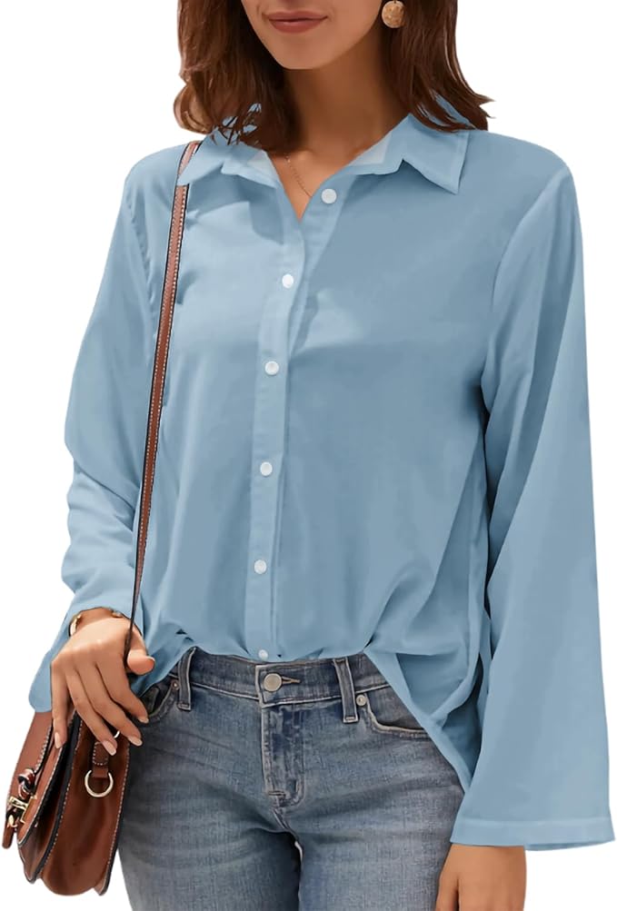 Womens Classic Shirts Casual Button Solid Color Long Sleeve Work Blouse Collared Relaxed Fit Summer Tops
