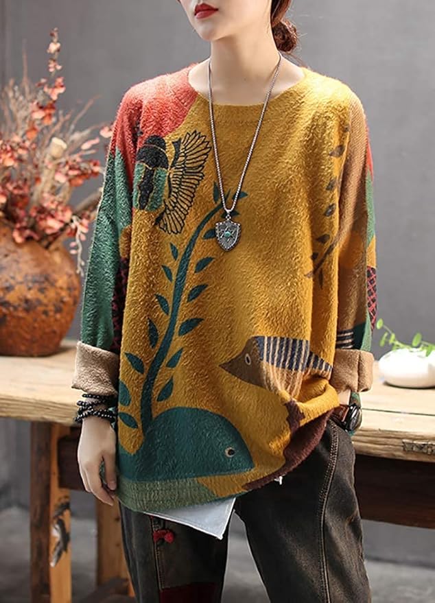 YESNO Women Christmas Sweater Graphic Printed Oversized Pullover Sweaters Casual Loose Knit Tops S01