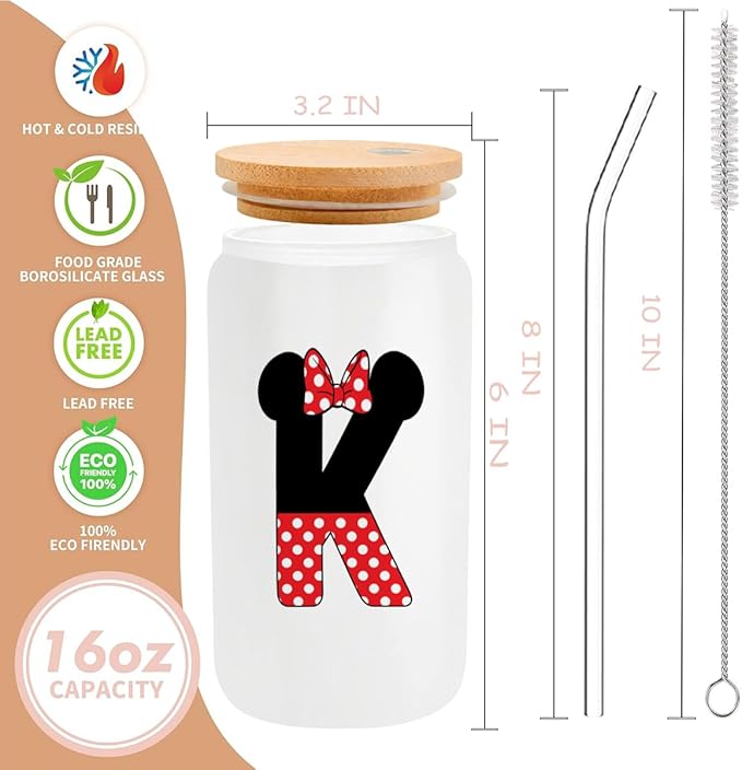 Cute Cartoon Mouse Lover Gifts Initial A-Z Personalized Iced Coffee Cup Magic Mouse Stuff Wizard Gift 16oz Glass Cup with Lid and Straws Birthday Christmas Gifts for Women Teen Girls (Letter K)