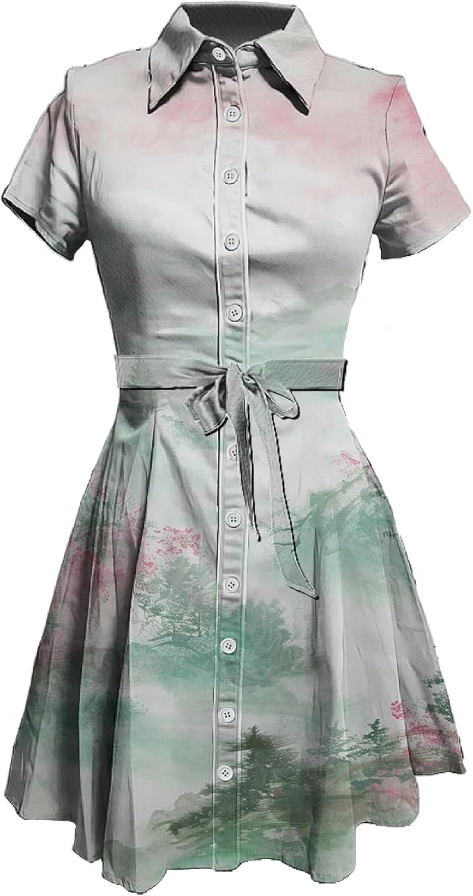 MARSVOVO Japanese Art Shirt Dresses for Women Short Sleeve Ruffle Button Down Tie Waist Trendy Elegant Midi Dress