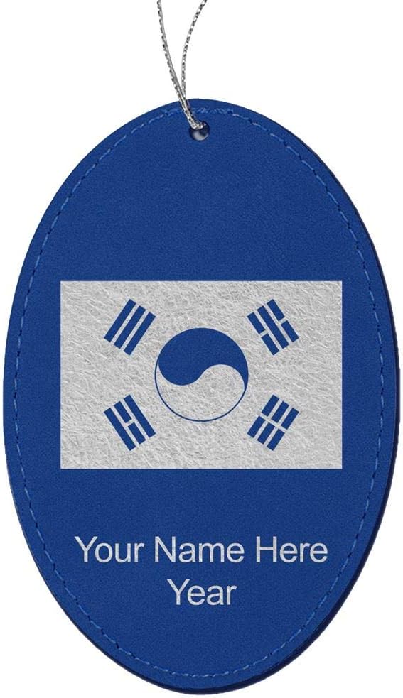 LaserGram Personalized Christmas Ornament, Flag of South Korea, Faux Leather, Custom Laser Engraved Gift Idea (Oval Shape, Dark Blue)